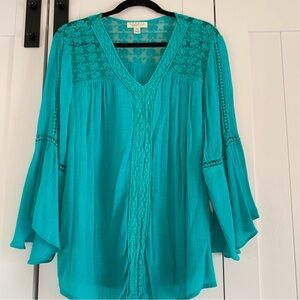 Studio Woman JPR 1X Teal Boho Lace Peasant Blouse Bell Sleeve Plus Size
